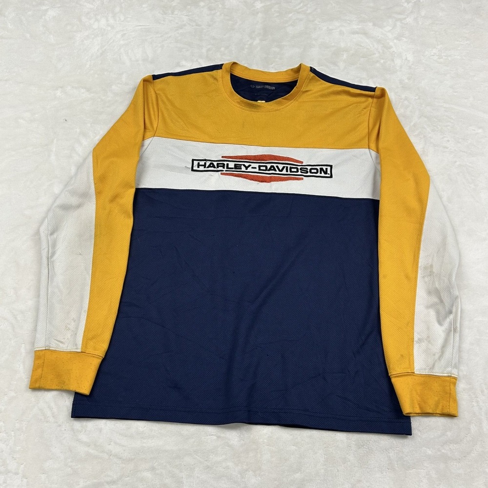 Harley-Davidson Long Sleeve Shirt Mens Medium Yellow Navy Colorblock Graphic